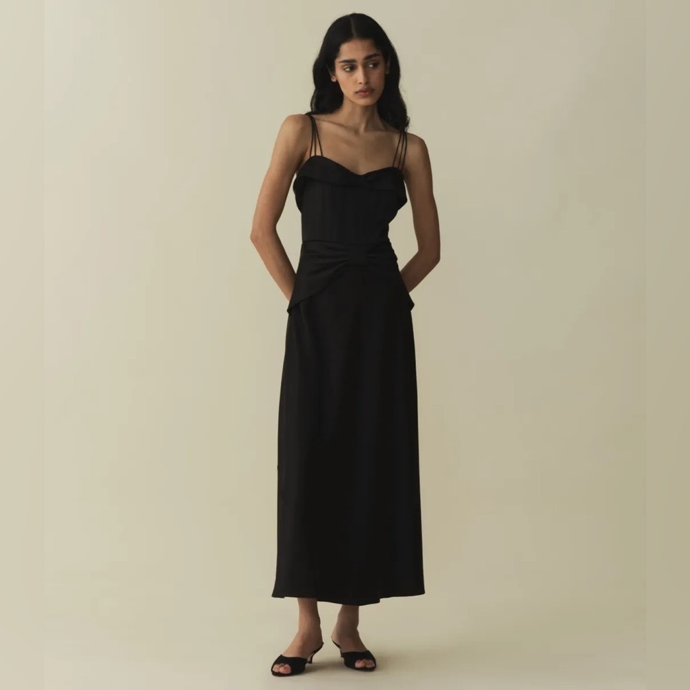 NWT Doen Donetta Satin Silky Sweetheart Strappy A Line Midi Gown Dress Black